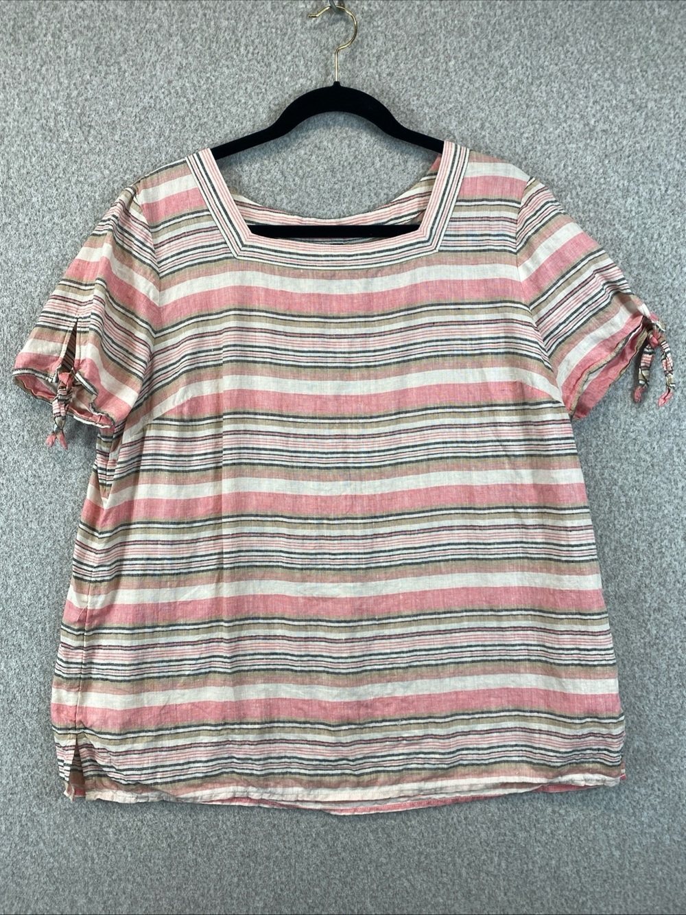 Talbots Linen Striped Square Neck Short Sleeve Tunic Top Women’s XL Tie Sleeve